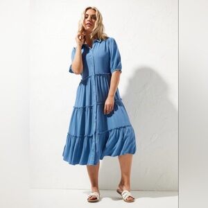 Magari, made In Italy Relaxed Blue Tiered Button-Down Midi Dress